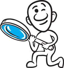 PNG image with transparent background of doodle small person looking through magnifying glass