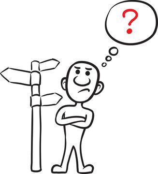 PNG image with transparent background of doodle small person thinking which way to go