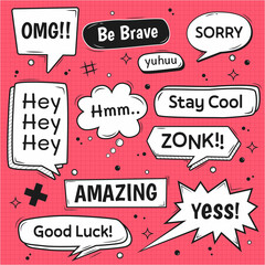 cute speech bubble doodle concept icon set icon design with writing character, omg, sorry, good luck, stay cool and pink white background illustration.