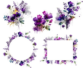 Watercolor purple floral set with bouquets and frames. Elegant elements for design of invitations, greeting cards.  
