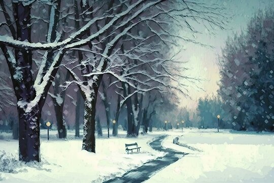 Snowy Winter Park with Trees and Benches in Watercolor Painting. Shoveled path. Soft lighting, magic hour dawn. Abstract winterscape