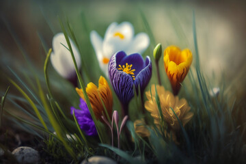 Crocus Flowers in Spring through the grass ~ Created using Generative AI