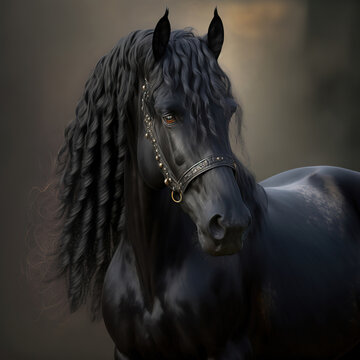 Black Horse, Beautiful Black Friesian Horse, Generative AI, Generative, AI