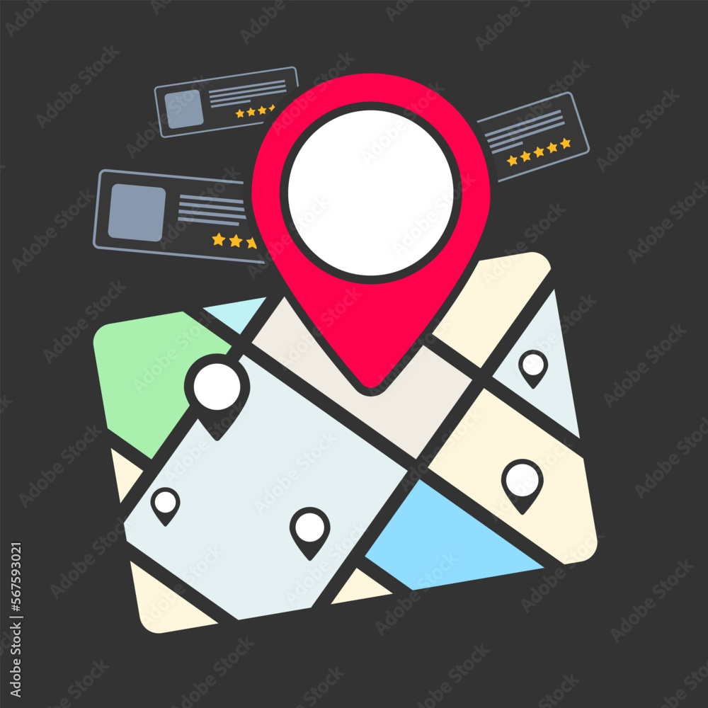 Poster local search - use map applications to search for nearby places by description, rating and users rev