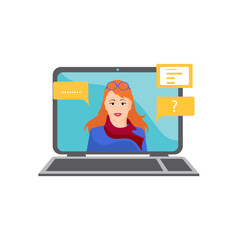 A young girl is talking on a video on a laptop. Video communication. Vector in the flat style
