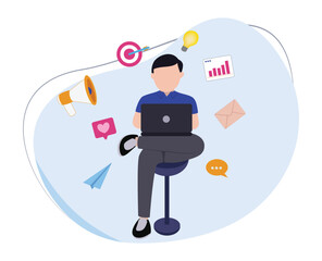 man doing marketing promotion. flat design illustration of man doing online promotion. online man using laptop