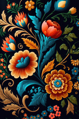 gouache painted flowers pattern on black background 