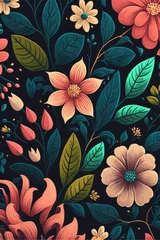 Tuinposter gouache painted flowers pattern on black background  © Alexander