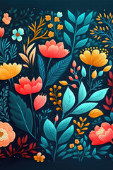 gouache painted flowers pattern on black background 