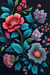 Fototapeta na wymiar gouache painted flowers pattern on black background 