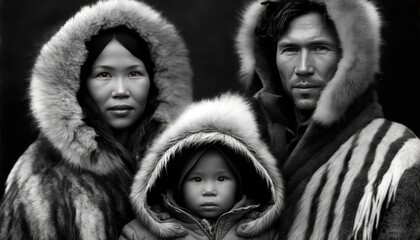 Inuit  family portrait, parents and children, looking at the camera. Generative AI - obrazy, fototapety, plakaty