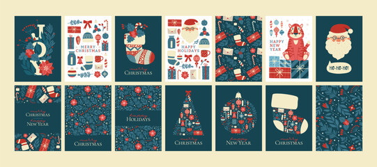 Fototapeta na wymiar Big set of different Christmas and New Year cards. Collection illustrations and seamless winter holiday patterns, backgrounds. Cliparts for banner, invitation, wrapping paper, cover.