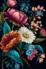 Fototapeta na wymiar gouache painted flowers pattern on black background 