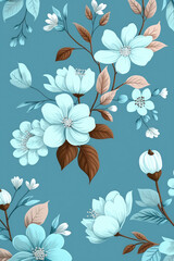 gouache painted flowers pattern on blue background 