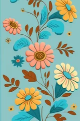 Fotobehang gouache painted flowers pattern on blue background  © Alexander