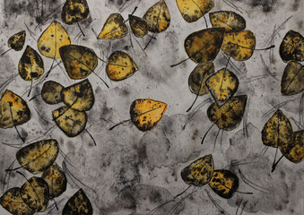Yellow-black fallen leaves on an abstract background. Autumn watercolor illustration. Top view