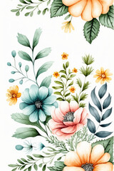 gouache painted flowers pattern on white background 