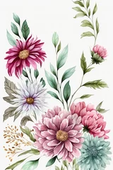 Fotobehang gouache painted flowers pattern on white background  © Alexander
