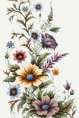 gouache painted flowers pattern on white background 