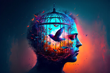 Free Spirit - Inspiring Illustration of a Woman with a Birdcage in her Mind, fictional person, Generative AI	