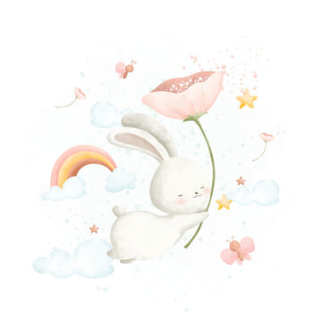 Watercolor Illustration cute rabbit and spring flowers