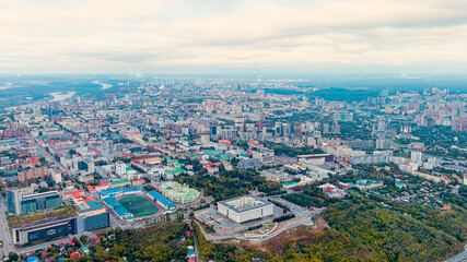 Fototapeta na wymiar Ufa, Russia. Panorama of the central part of the city of Ufa. Time after sunset, Aerial View