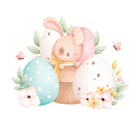 Watercolor Illustration Easter rabbit and Easter eggs