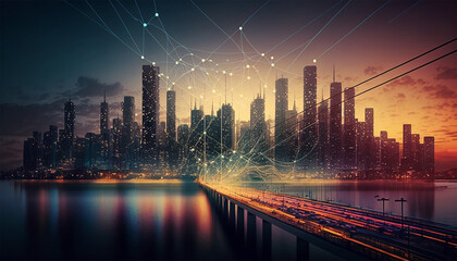future technology city with bright blue and orange neon lights. generative AI - obrazy, fototapety, plakaty