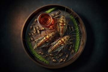 Grilled locusts and honey. Generative AI.