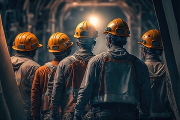 Group of mine workers wearing helmets. Generative AI. - obrazy, fototapety, plakaty