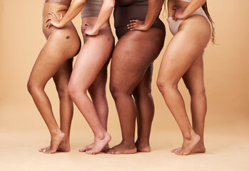 Diversity women, legs and different body and skin of group together for inclusion, beauty and...