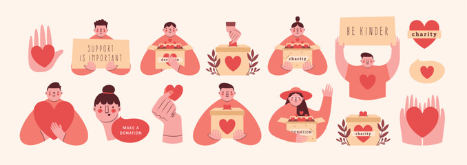 Set of cute minimal cliparts with volunteers, activists, box for donation, placard, banner, persons, hands, hearts. Modern cartoon illustrations. Volunteering, supporting, humanism, charity conception