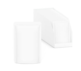 Open pos display box with pouch bags mockup. Vector illustration isolated on white background. Easy to use for your product. EPS10.	