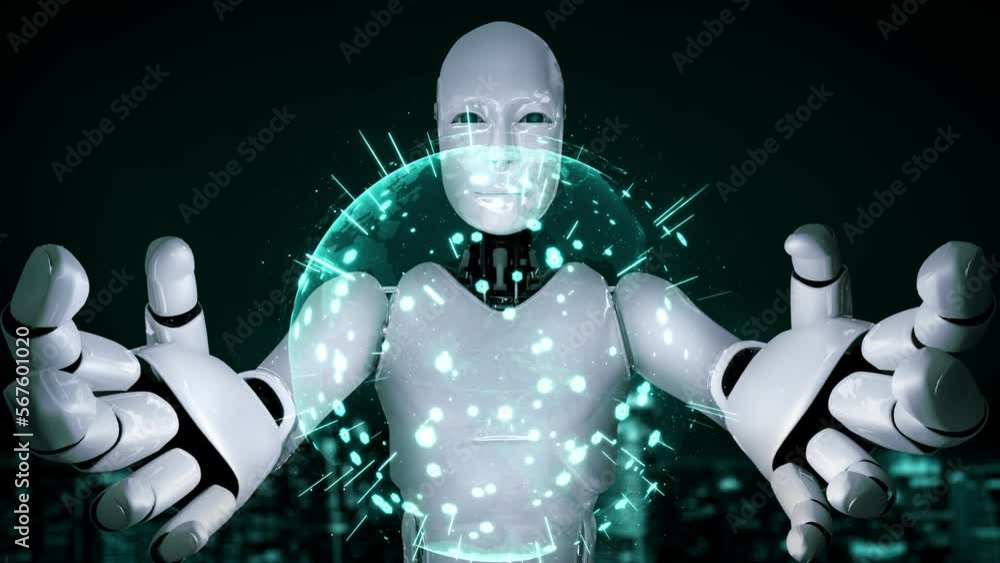 Aufkleber ai hominoid robot holding virtual hologram screen showing concept of big data analytic using artific