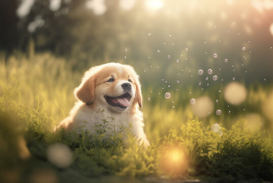 a cute happy puppy playing, background is bokeh a beautiful  landscape. made with generative AI