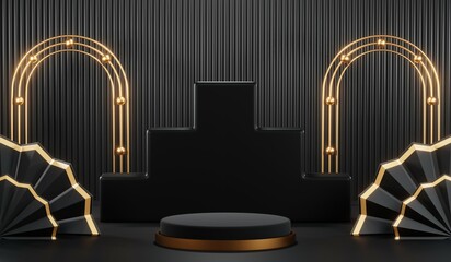 3d render of abstract realistic studio room with Luxury round pedestal stand podium with golden glitter in shape backdrop. Luxury black friday sale scene for product display presentation background