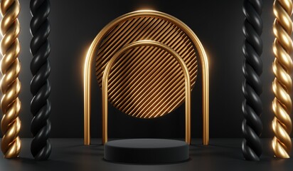 3d render of abstract realistic studio room with Luxury round pedestal stand podium with golden glitter in shape backdrop. Luxury black friday sale scene for product display presentation background