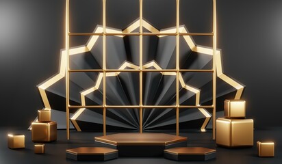 3d render of abstract realistic studio room with Luxury round pedestal stand podium with golden glitter in shape backdrop. Luxury black friday sale scene for product display presentation background