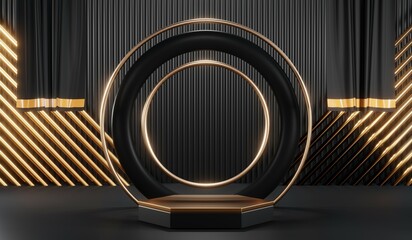 3d render of abstract realistic studio room with Luxury round pedestal stand podium with golden glitter in shape backdrop. Luxury black friday sale scene for product display presentation background