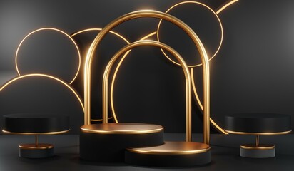 3d render of abstract realistic studio room with Luxury round pedestal stand podium with golden glitter in shape backdrop. Luxury black friday sale scene for product display presentation background