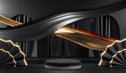 3d render of abstract realistic studio room with Luxury round pedestal stand podium with golden glitter in shape backdrop. Luxury black friday sale scene for product display presentation background