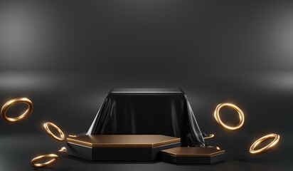 3d render of abstract realistic studio room with Luxury round pedestal stand podium with golden glitter in shape backdrop. Luxury black friday sale scene for product display presentation background