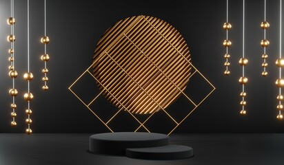 3d render of abstract realistic studio room with Luxury round pedestal stand podium with golden glitter in shape backdrop. Luxury black friday sale scene for product display presentation background