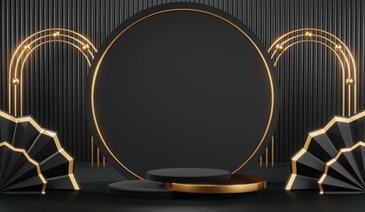 3d render of abstract realistic studio room with Luxury round pedestal stand podium with golden glitter in shape backdrop. Luxury black friday sale scene for product display presentation background