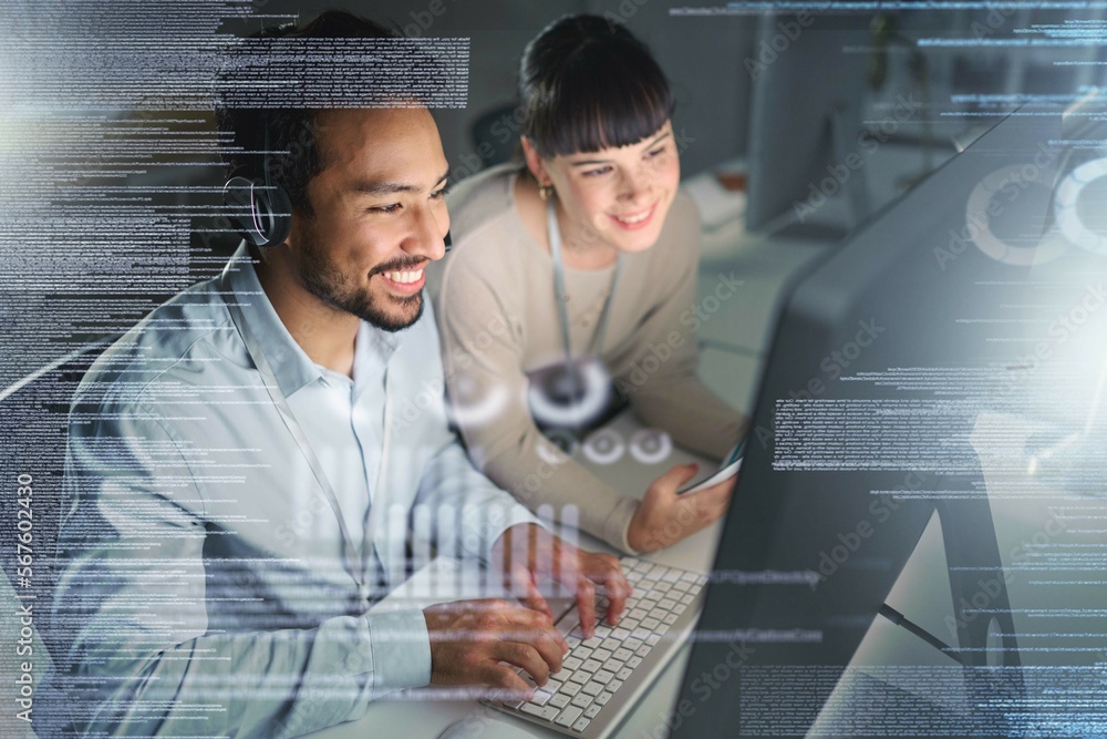 Poster man, woman and computer in night with overlay, smile and coaching for tech support, data analytics o
