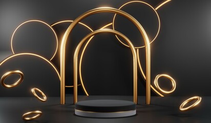 3d render of abstract realistic studio room with Luxury round pedestal stand podium with golden glitter in shape backdrop. Luxury black friday sale scene for product display presentation background