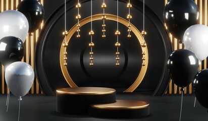 3d render of abstract realistic studio room with Luxury round pedestal stand podium with golden glitter in shape backdrop. Luxury black friday sale scene for product display presentation background