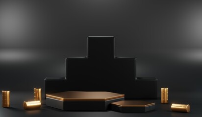 3d render of abstract realistic studio room with Luxury round pedestal stand podium with golden glitter in shape backdrop. Luxury black friday sale scene for product display presentation background