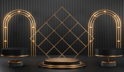 3d render of abstract realistic studio room with Luxury round pedestal stand podium with golden glitter in shape backdrop. Luxury black friday sale scene for product display presentation background