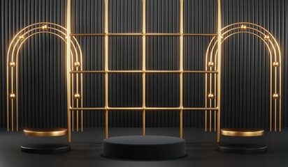 Obraz premium 3d render of abstract realistic studio room with Luxury round pedestal stand podium with golden glitter in shape backdrop. Luxury black friday sale scene for product display presentation background